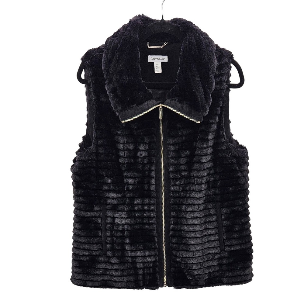 Calvin Klein Womens Black Faux Fur Ribbed Full Zip Vest Funnel Neck L MOXTR494